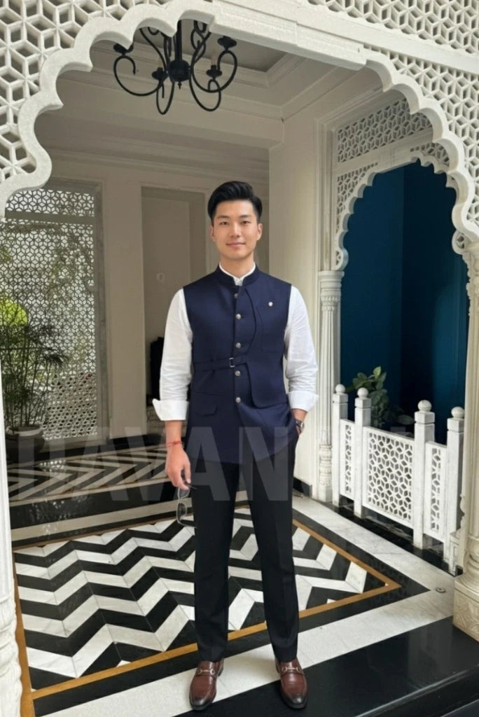 Navy blue nehru jacket men-Front