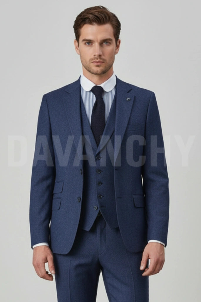 Men Navy Blue Tweed Blazer-Front