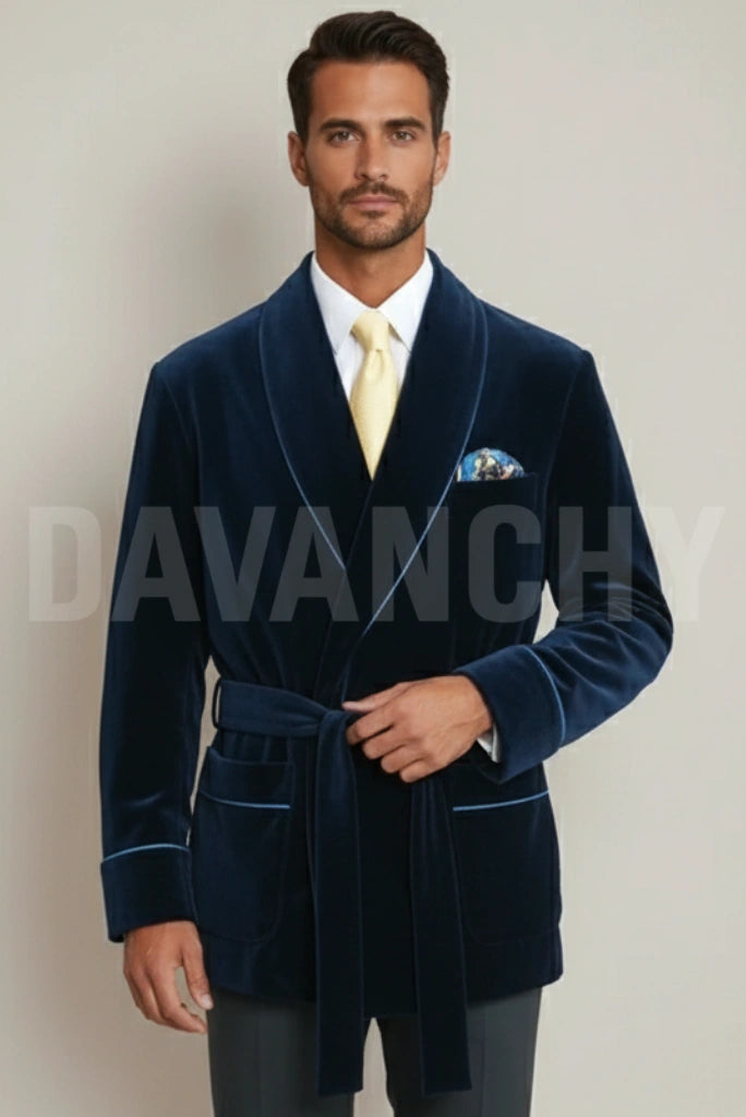 Men Blue Velvet Smoking Jacket Front