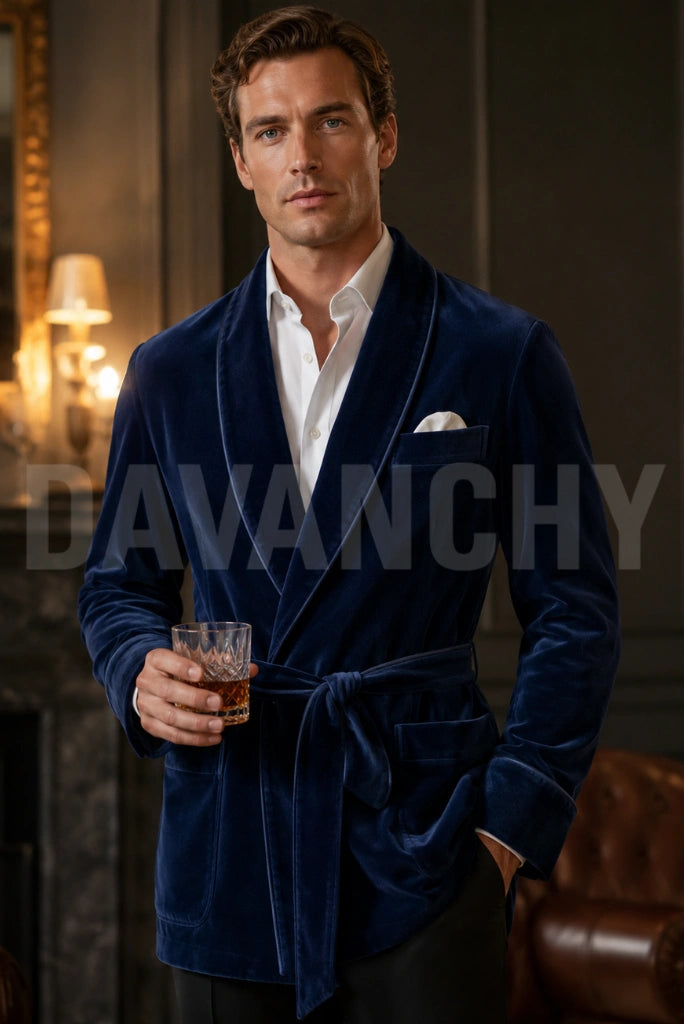 Men Blue Velvet Smoking Jacket-Front