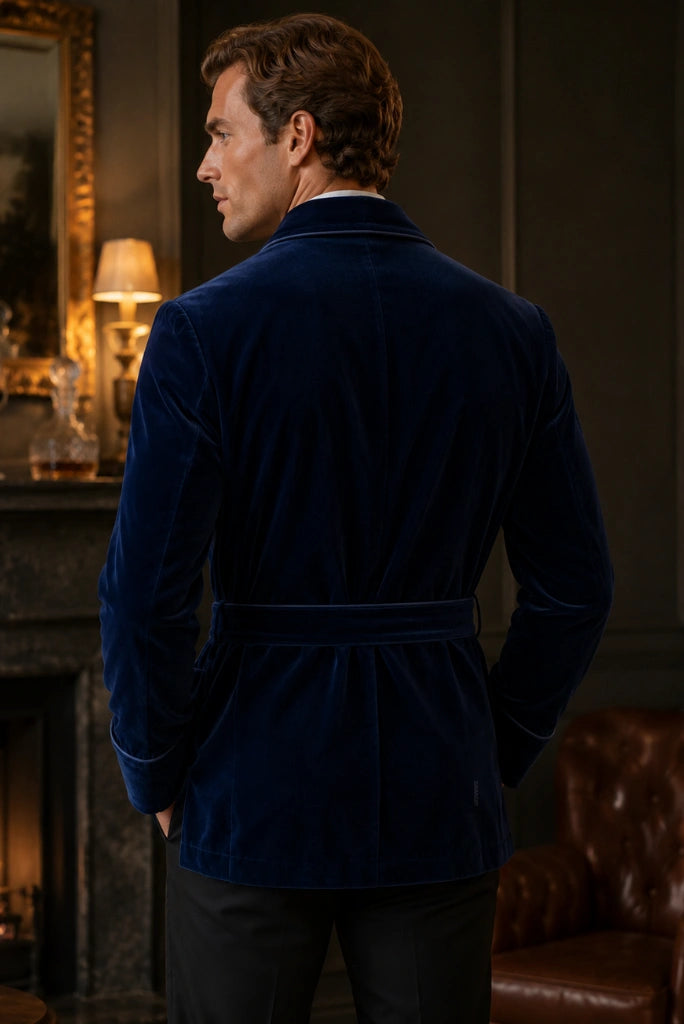 Men Premium Navy Blue Quilted Velvet Smoking Jacket