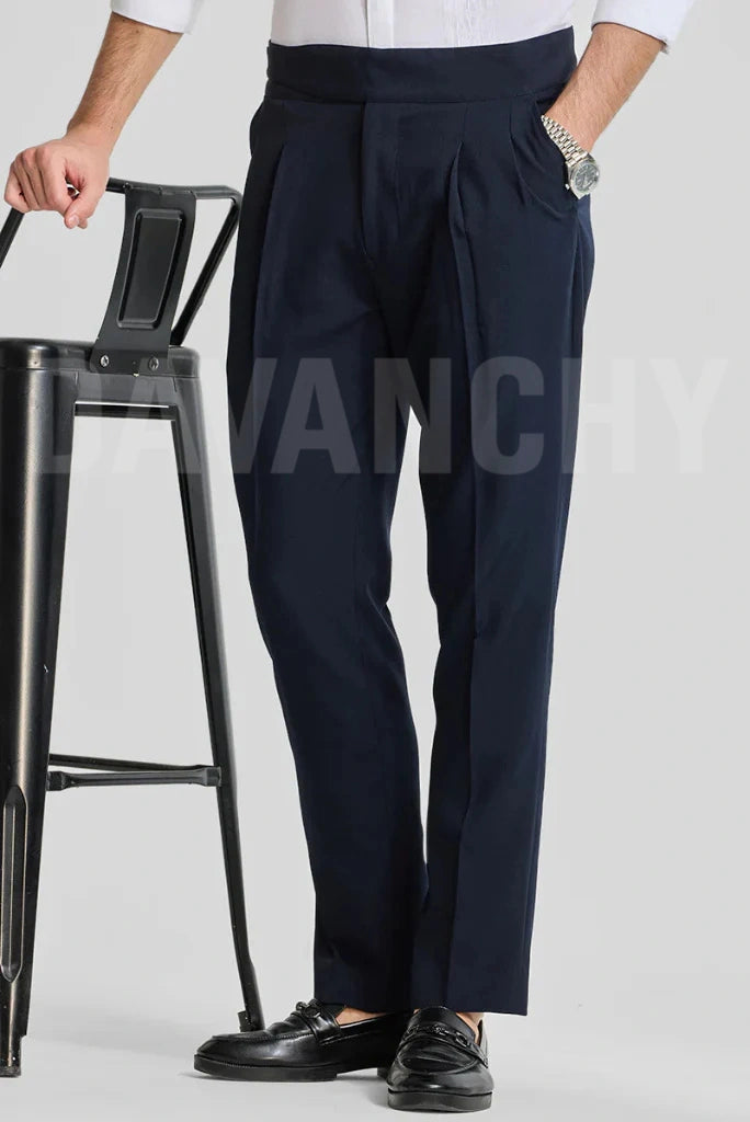 Men Navy Blue Front Pleated Trouser-Front