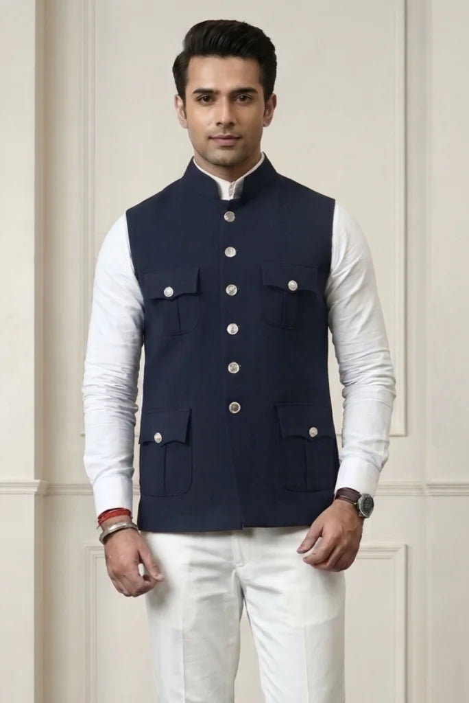 Men's Navy Blue Traditional Nehru Jacket – Front 