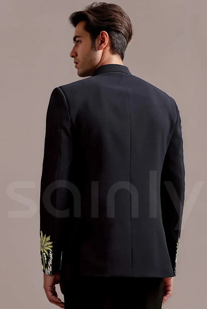Royal navy blue blazer with intricate embroidery for groom and party wear-back