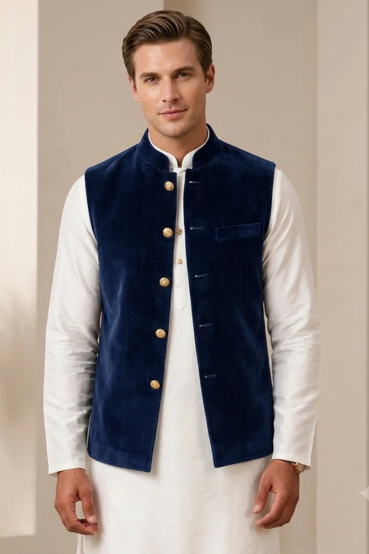 Men Navy Blue Velvet Nehru Jacket