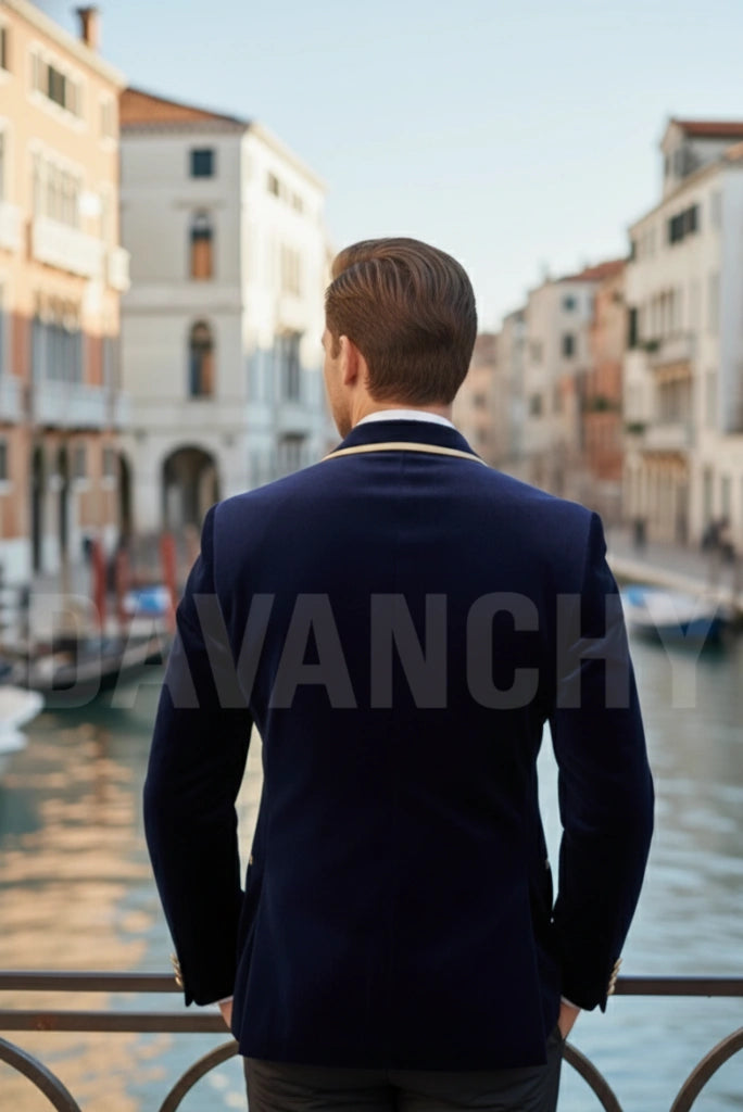 Dark Blue Velvet Smoking Jacket-Back