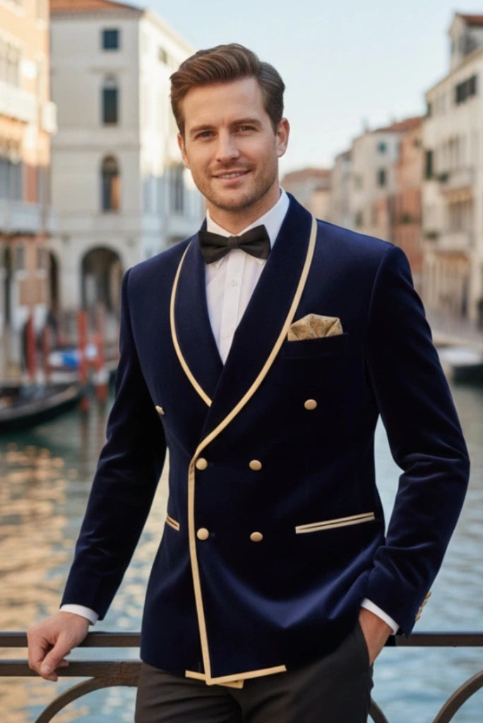 Men Navy Blue Smoking Coat-Front
