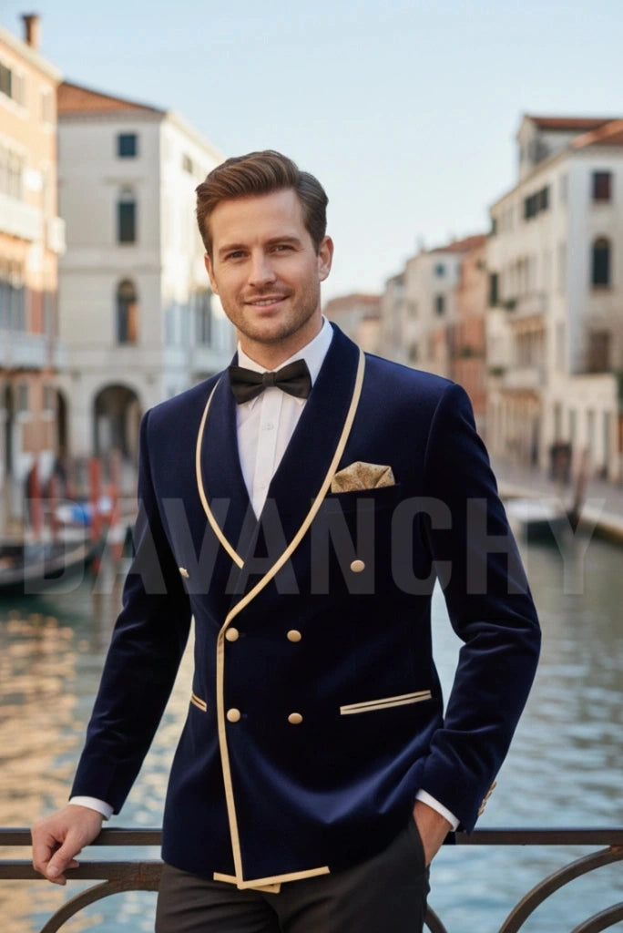 Men Blue Smoking Jacket-Front