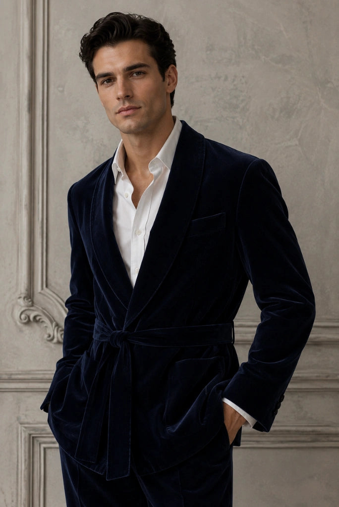 Men Dark Blue Quilted Front Smoking Jacket-Front