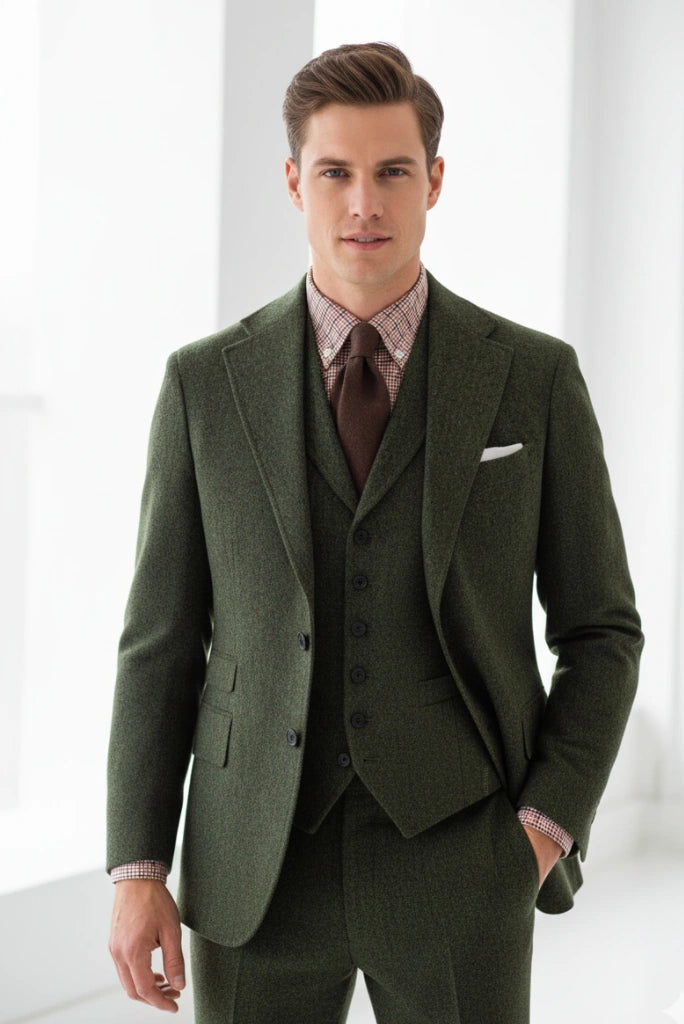Olive Green Tweed Coat for Men-Front