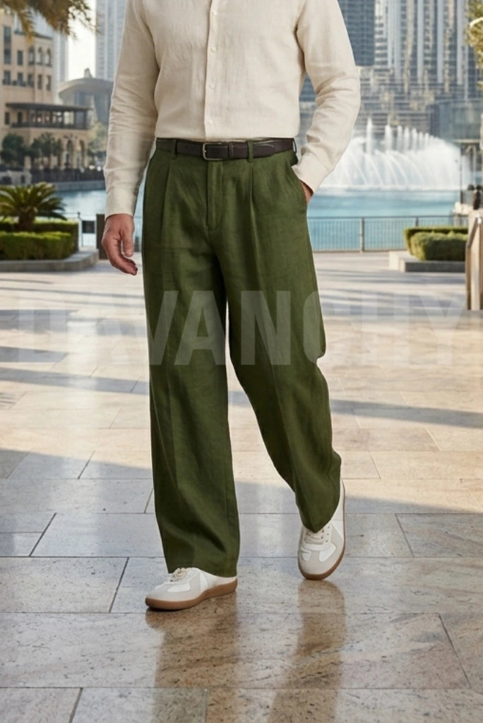 Men Olive Green Front Pleated Linen Pant-Front