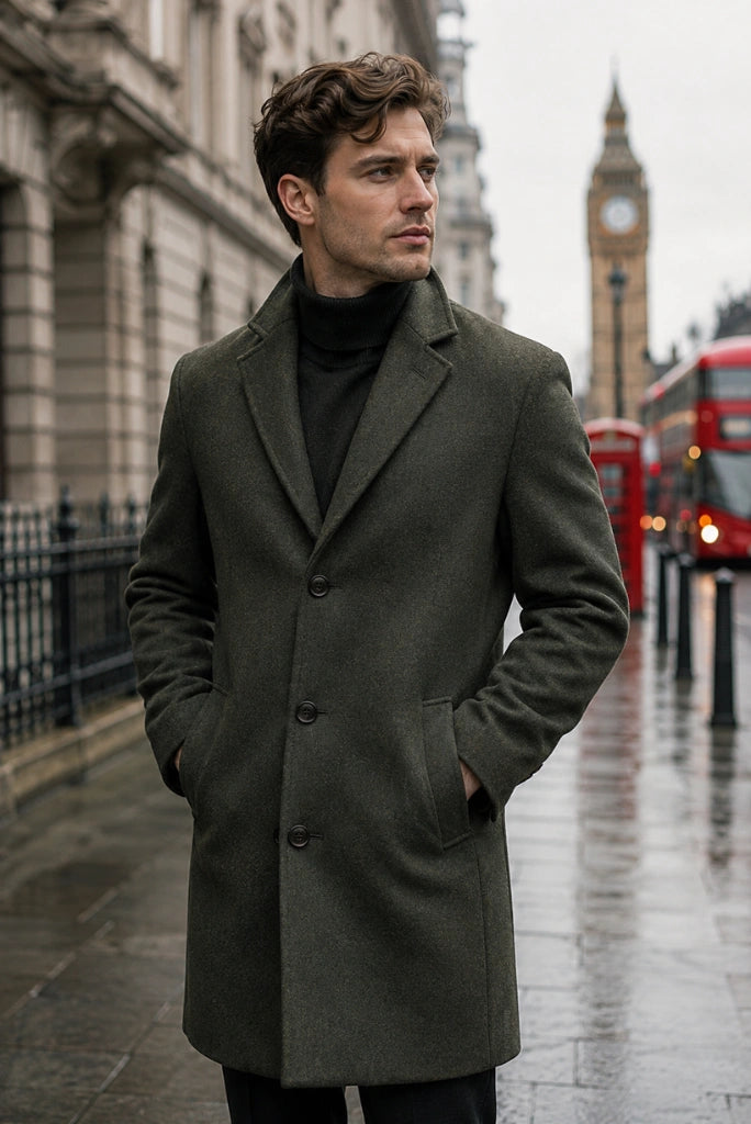 Men Olive Green Tweed Overcoat-Front