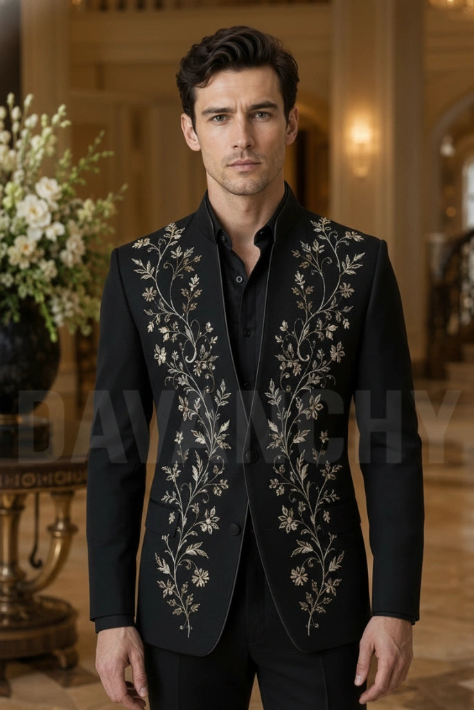 Men black embroidered designer blazer-Front