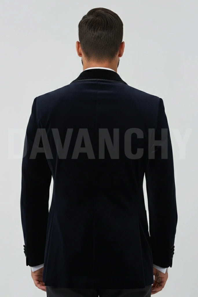 Men Navy Blue Smoking Jacket  Velvet Dinner Party Wear Coat-Back