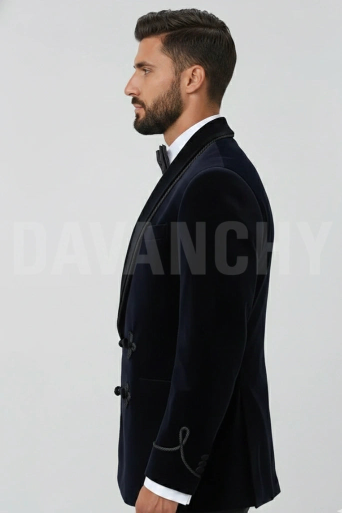 Premium Navy Blue Velvet Smoking Jacket for Formal Events-Side