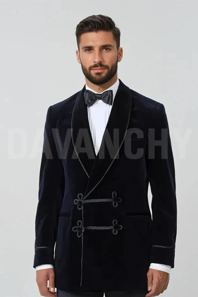 Men Navy Blue Smoking Jacket Velvet Dinner Coat-Front