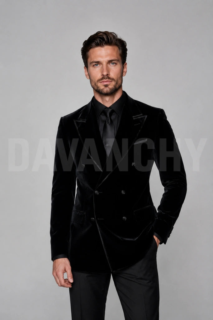 Men Black Velvet Tuxedo Blazer-Front