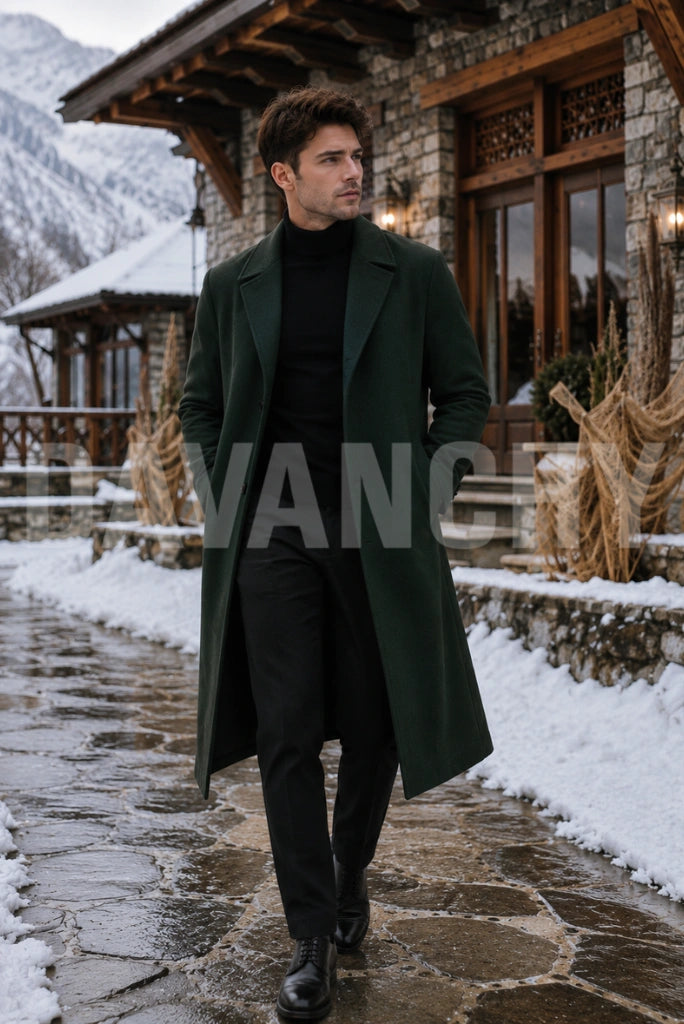 Men Emerald Green Tweed Overcoat-Front