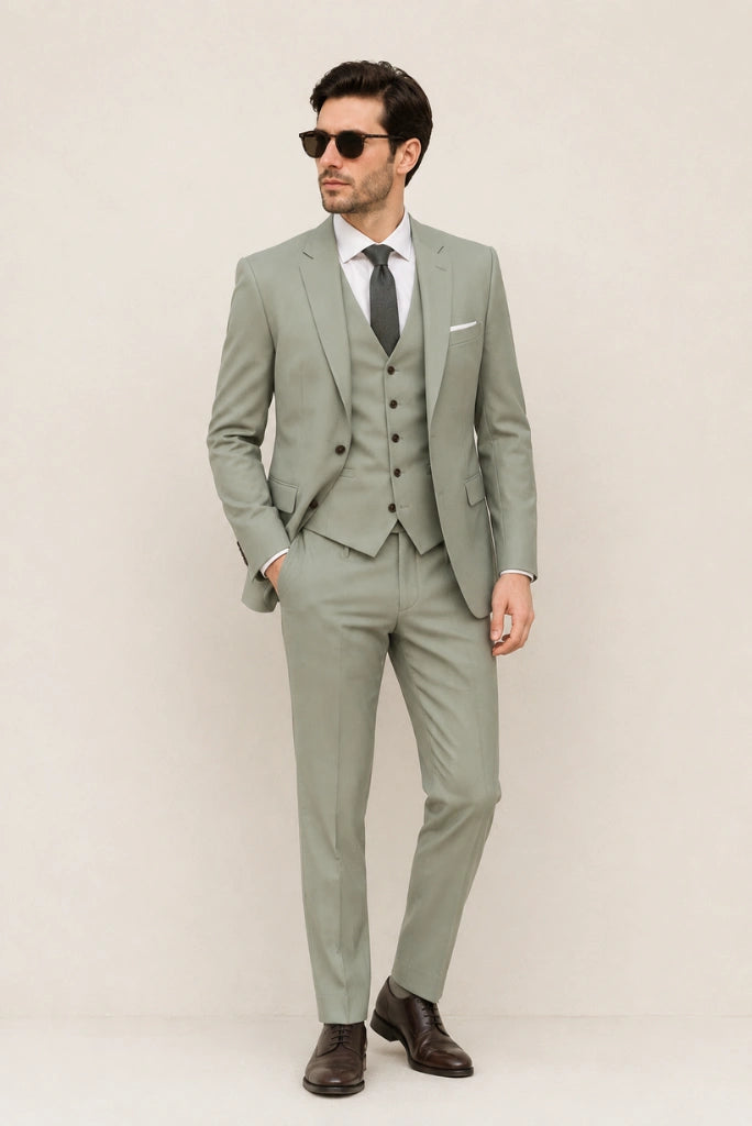 Men Sage Green Three Piece Suit-Front
