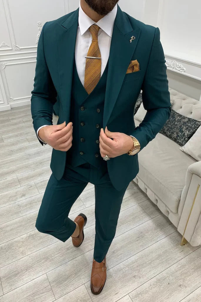 Men Teal Blue Slim Fit 3-Piece Suit-Front