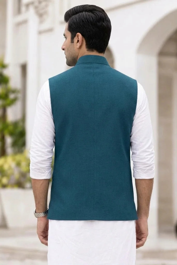 Men Teal Tweed Waistcoat for Weddings and Festive back view
