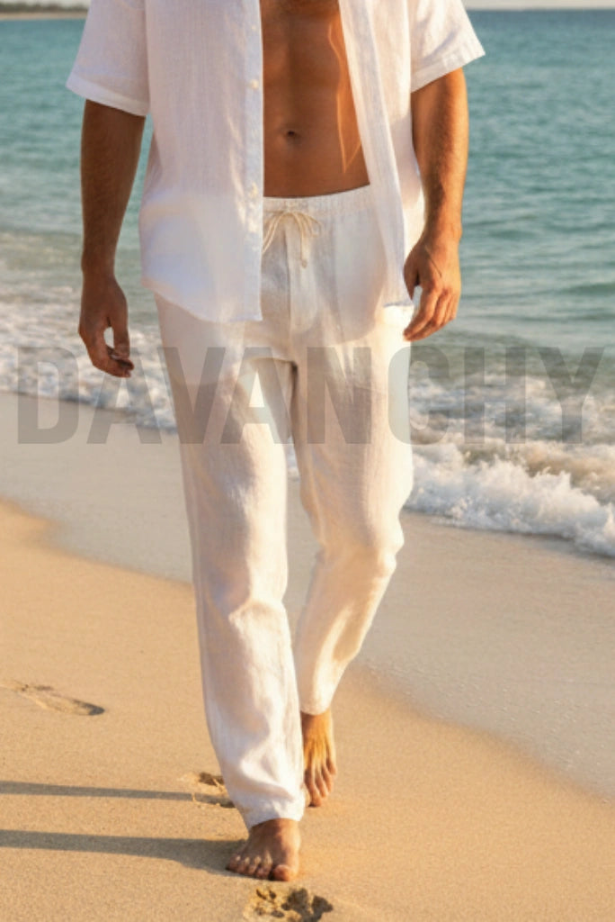 Men Premium Linen White Casual Trouser-Front