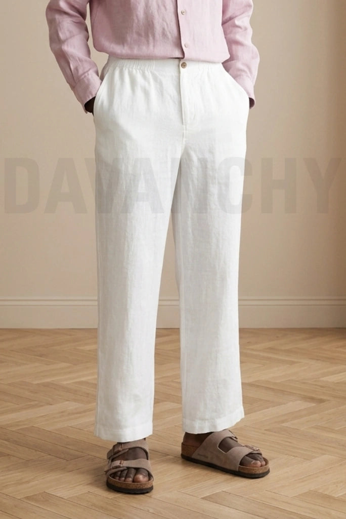 Men White Linen Trouser for Summer Travel Wear-Front