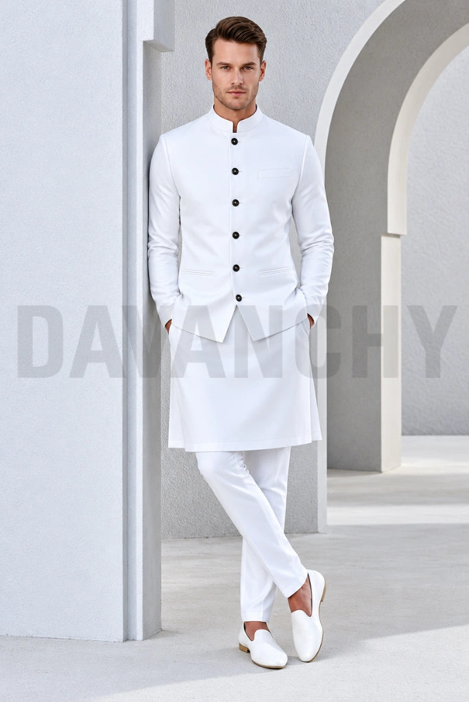 Men White Nehru Jacket-Front