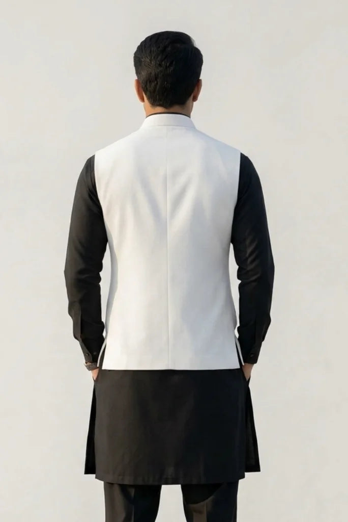 White Nehru Modi jacket for men, perfect for wedding and festive wear.