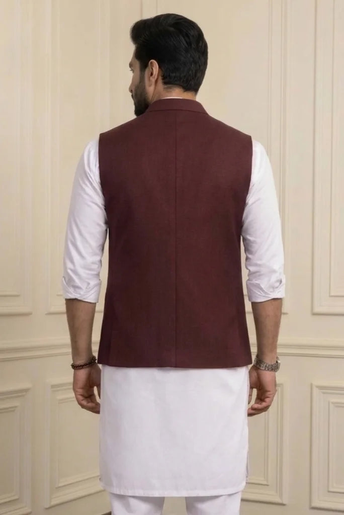 Wine Single Breasted Waistcoat for Men– Back