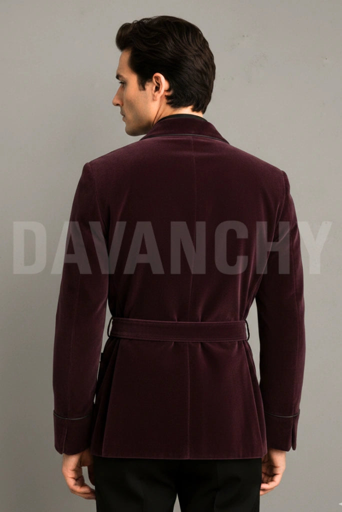 Men Premium Wine Velvet Smoking Jacket-Back