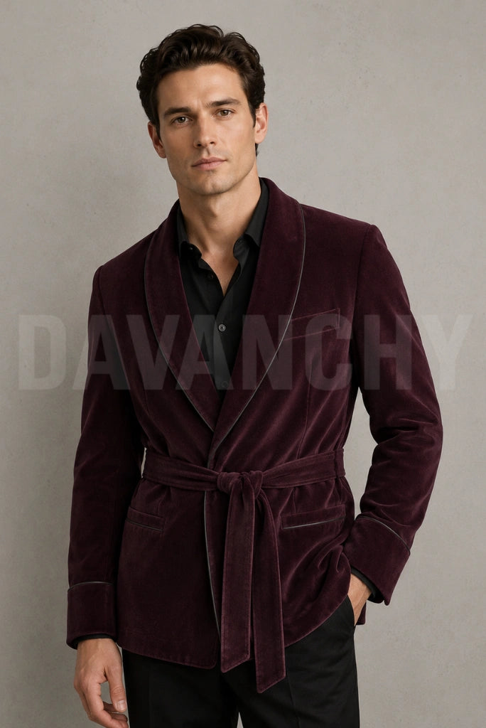 Men Wine Velvet Smoking Robe-Front