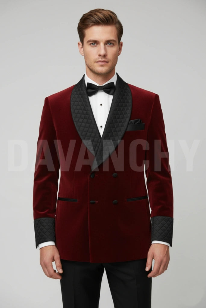 Men Wine Velvet Smoking Jacket Front