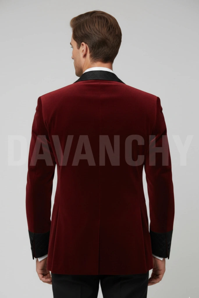 Men Wine Velvet Dinner Jacket-Back
