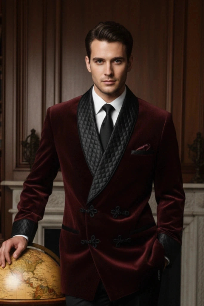 Wine Velvet Tuxedo Quilted Style Jacket-Front