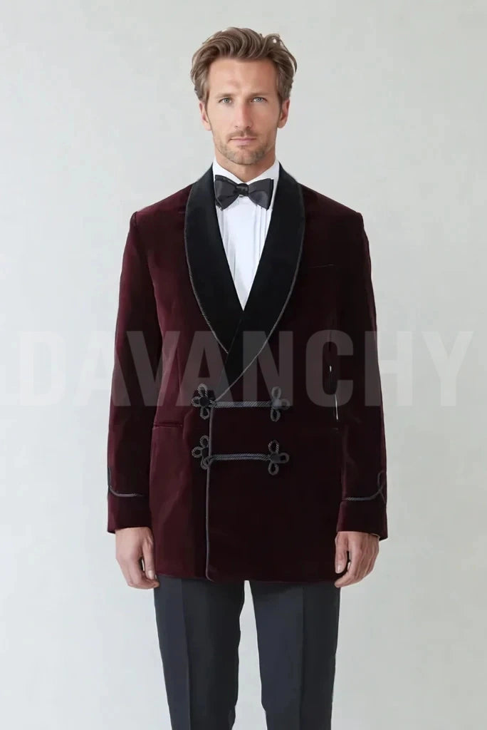 Men Wine Velvet Smoking Jacket Front