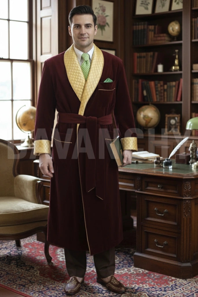 Men Wine Premium Velvet Smoking Jacket-Front