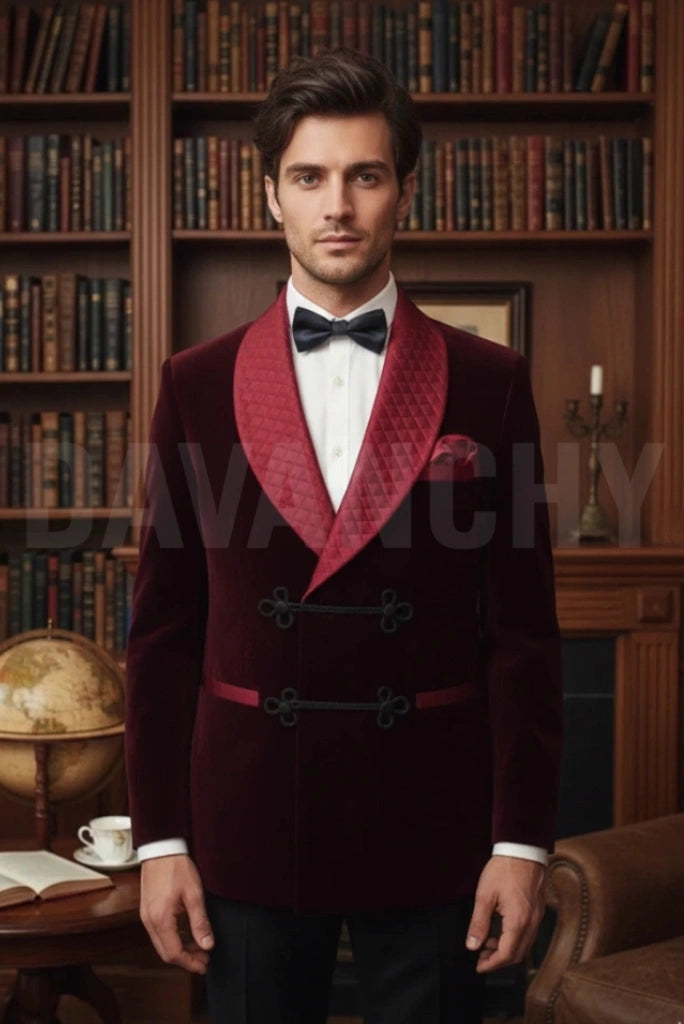 Men Wine Velvet Smoking Jacket-Front