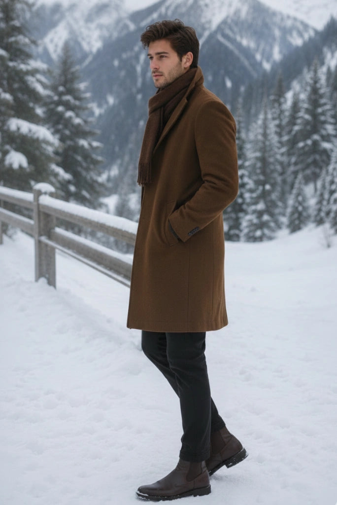 Brown Tweed Trench Coat Men-Side