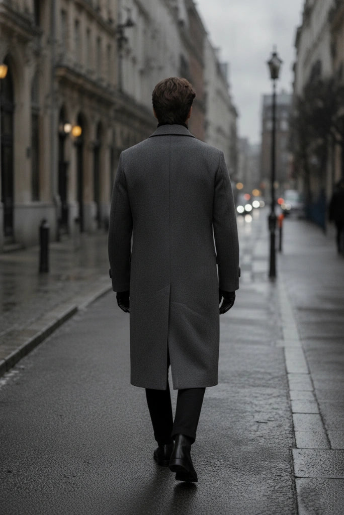 Grey Long Trench Coat for Men-Back