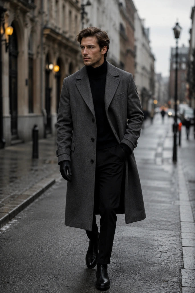 Men Grey Tweed Overcoat Winter Outerwear-Front