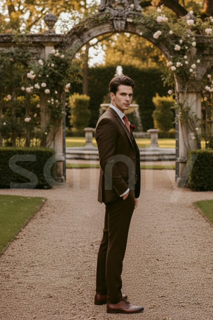 Men’s brown 3 piece suit stylish formal occasion wear