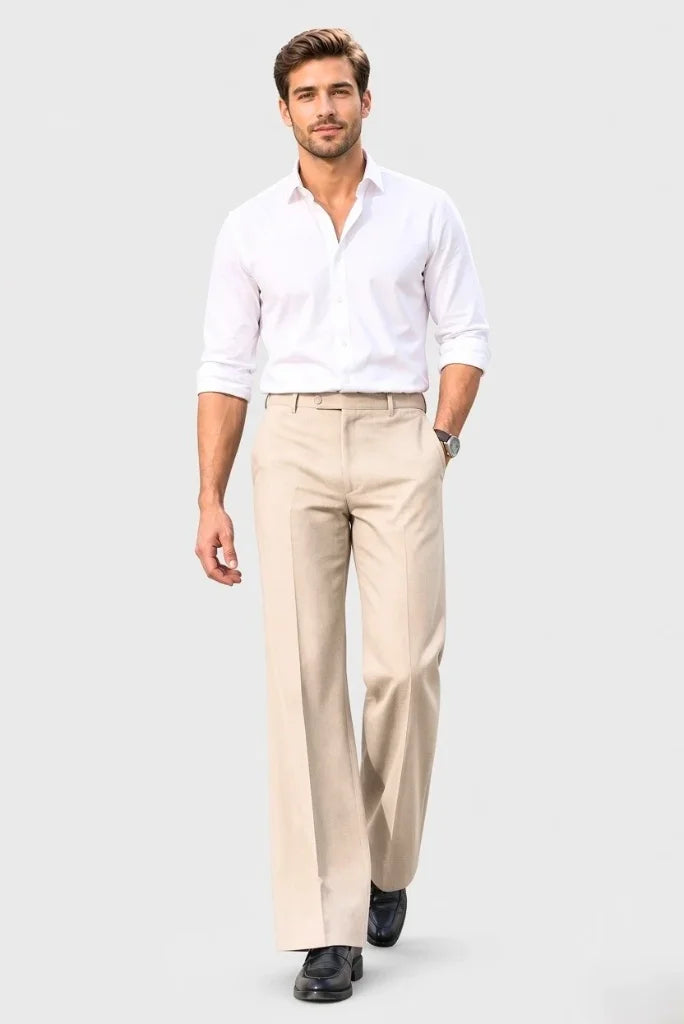 Men Beige Bootcut Trouser with Centre Crease Full View