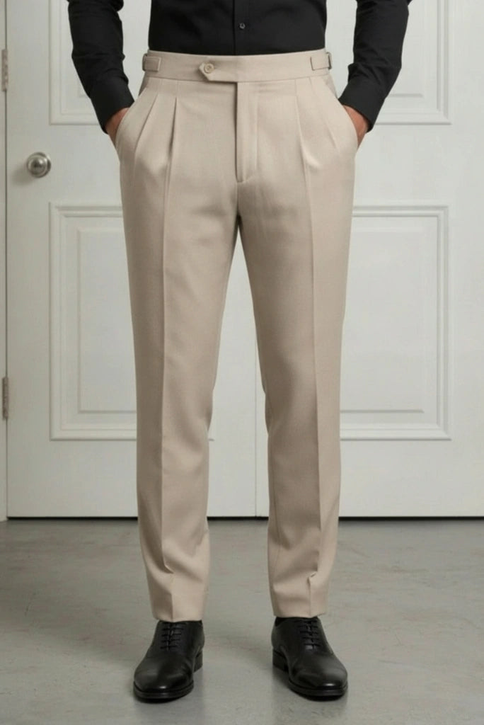 Men Beige Pleated Formal Pant-Front