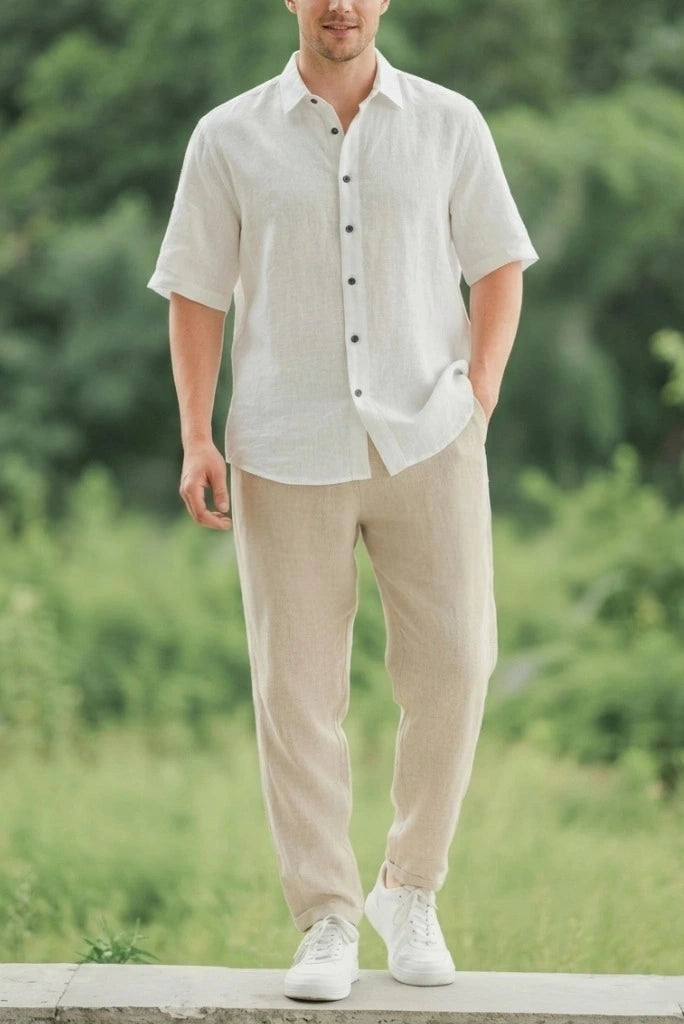 Men Beige Linen Trouser-Front