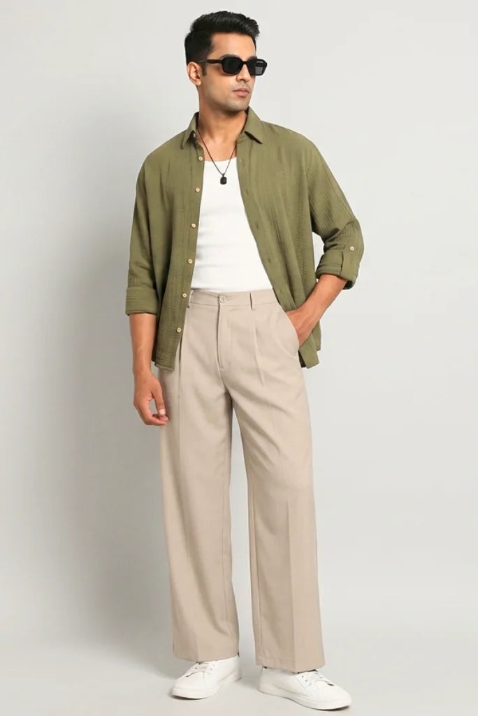 Beige Korean Style Wide Leg Pant for Men Full front