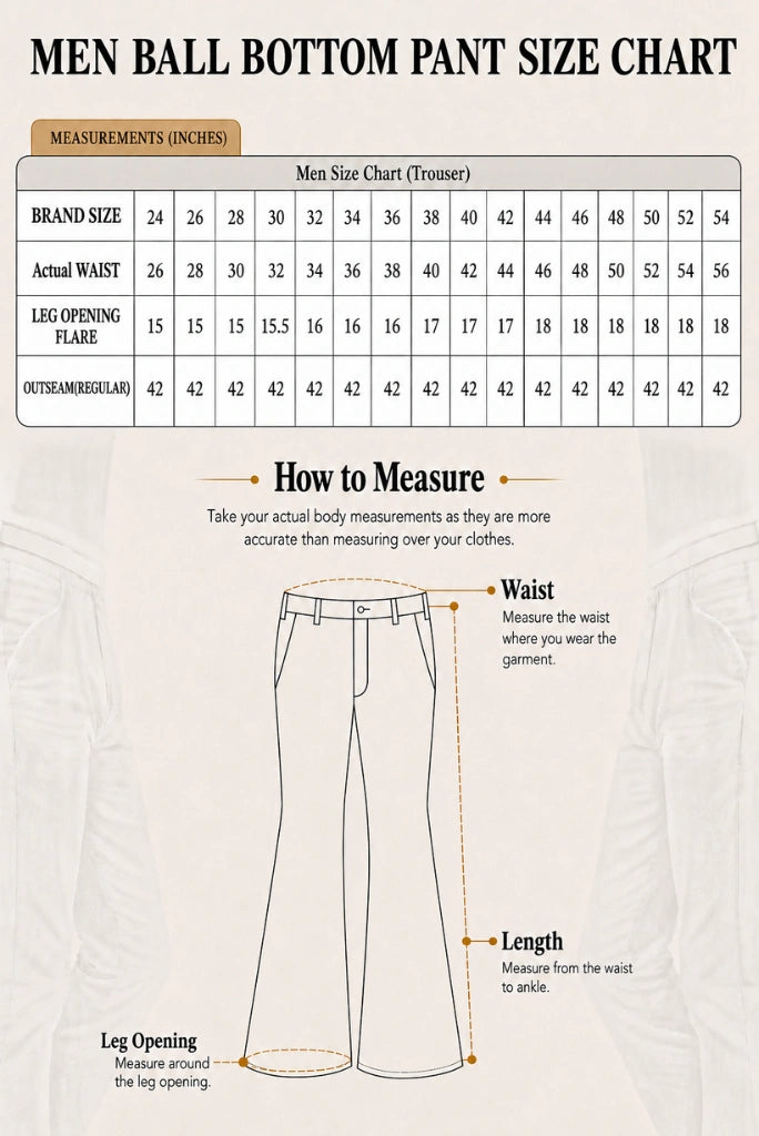 Men Bell Bottom Pant Size Chart