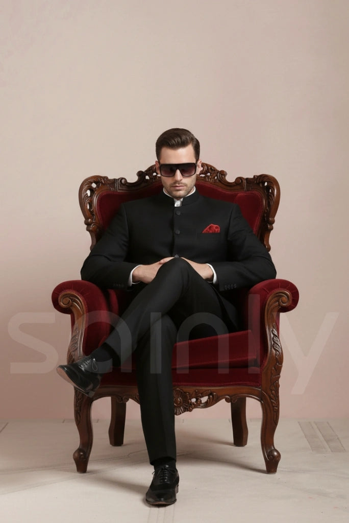 Embroidered black bandhgala suit for engagement ceremony-front