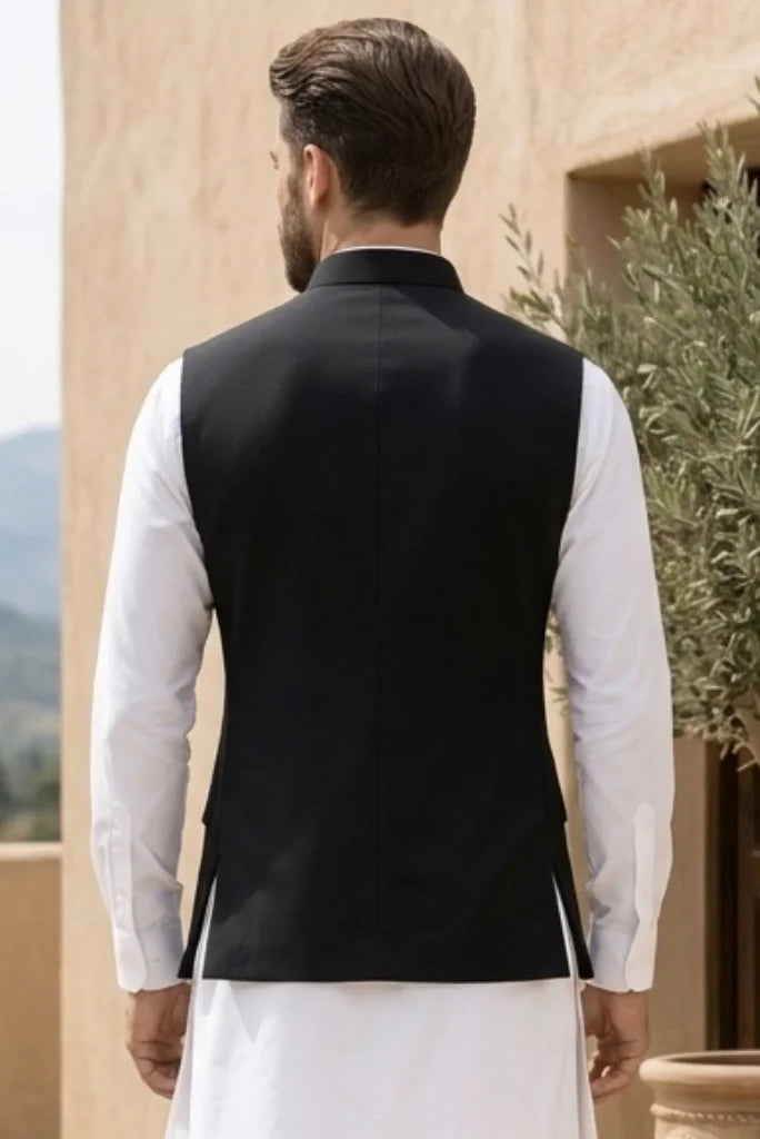 Black ethnic waistcoat for men back view