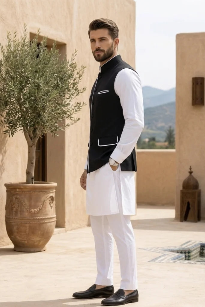 Black Nehru Modi jacket for men, perfect for wedding and festive wear. side 